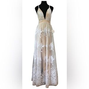 Luxxel, Women’s Long V-Neck Illusion Open Back Dress - White/Nude. Size: S. NWT